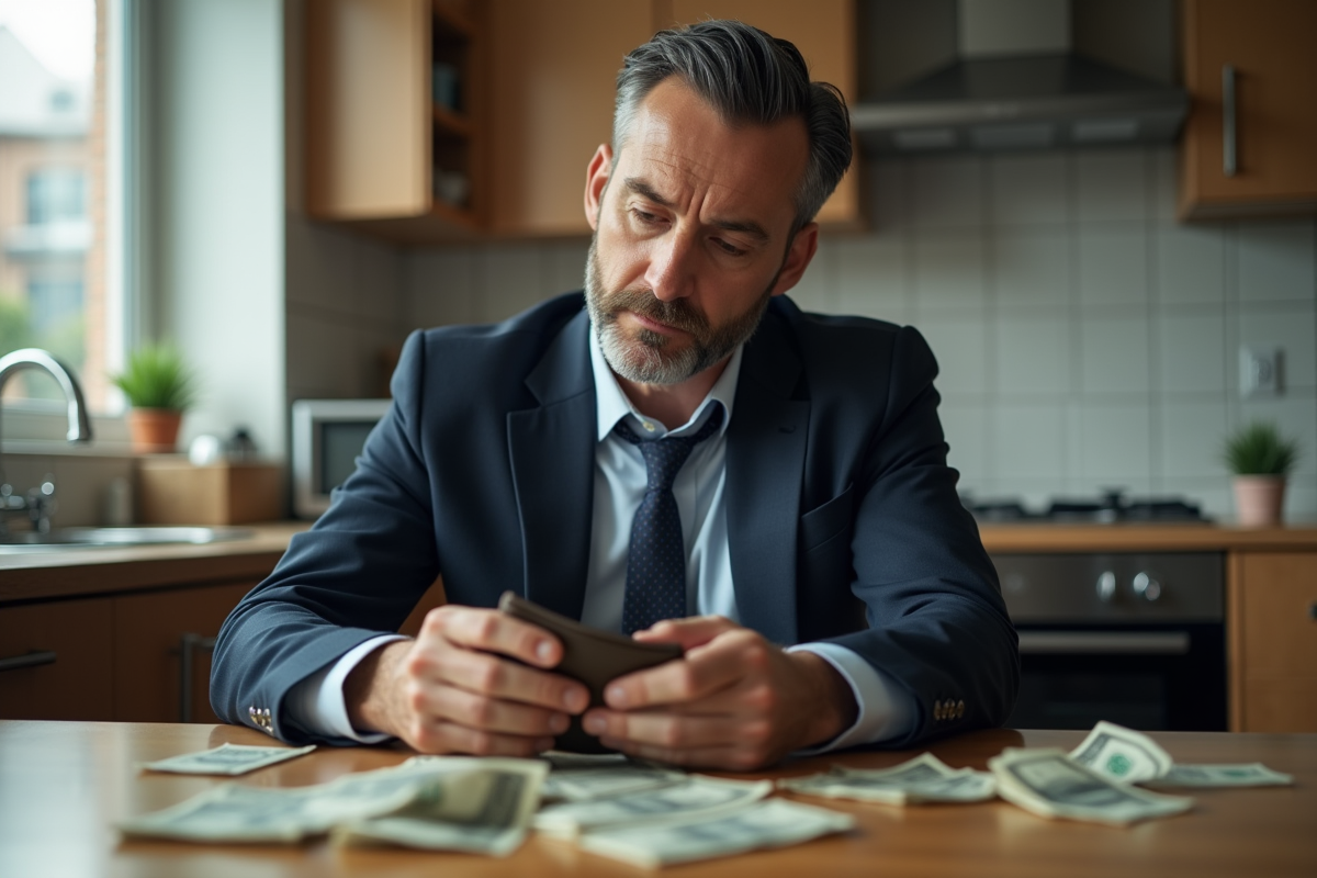 Homme d affaires anxieux regardant son porte-monnaie