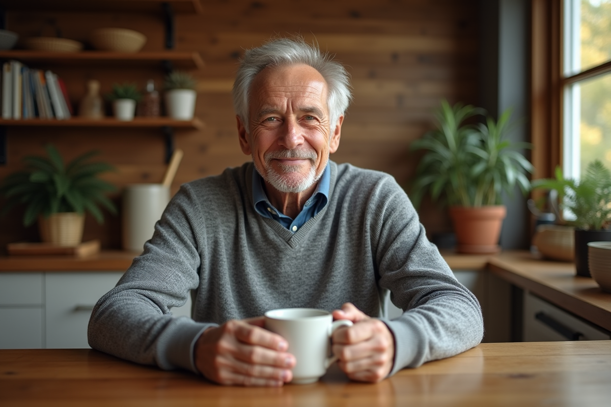 Homme âgé souriant dans une cuisine chaleureuse