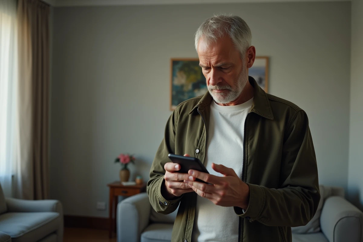 Homme âgé debout dans son salon consultant une application de filtrage d'appels téléphoniques sur son smartphone pour bloquer les numéros indésirables