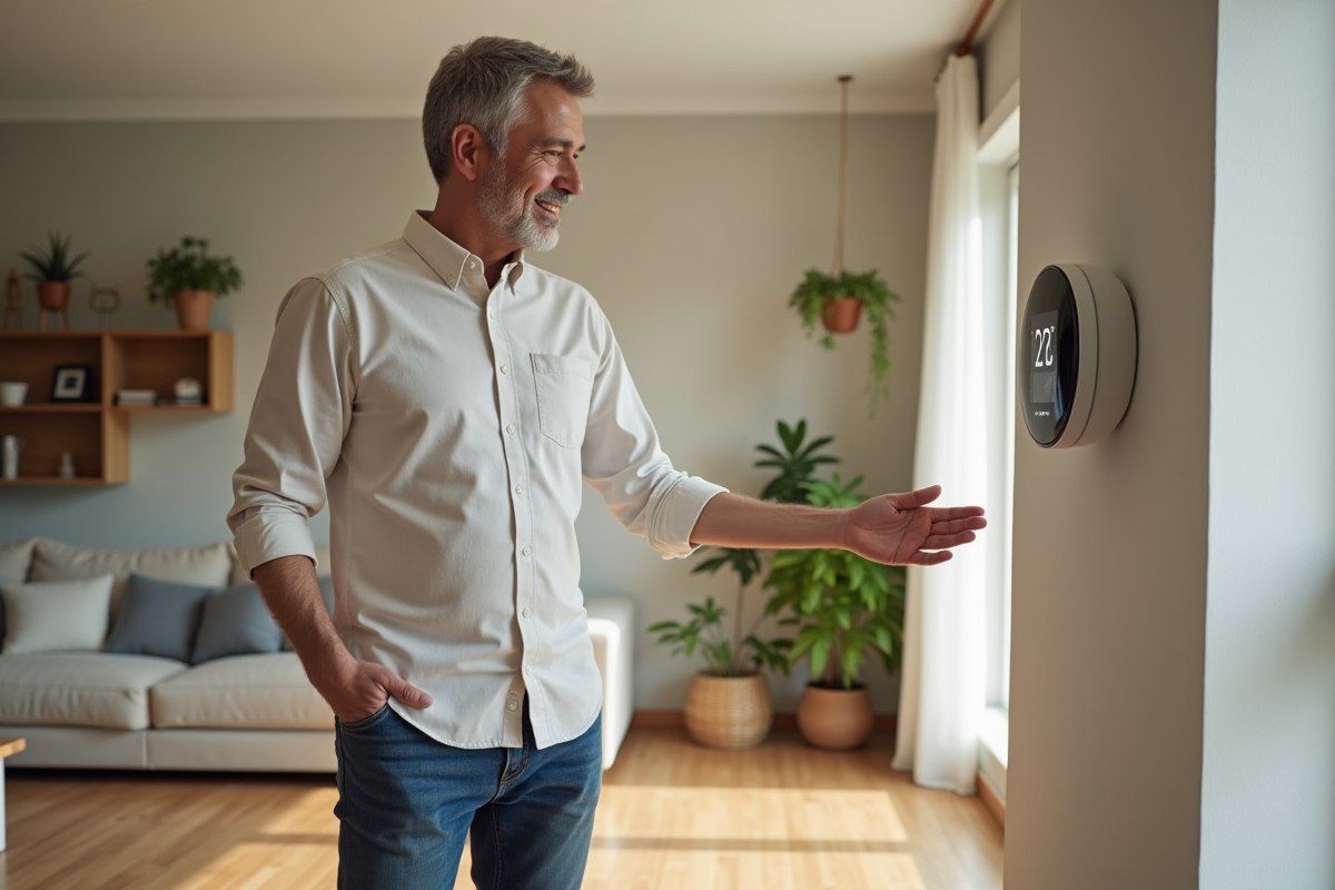 Homme d'âge moyen utilisant un thermostat intelligent dans un salon moderne