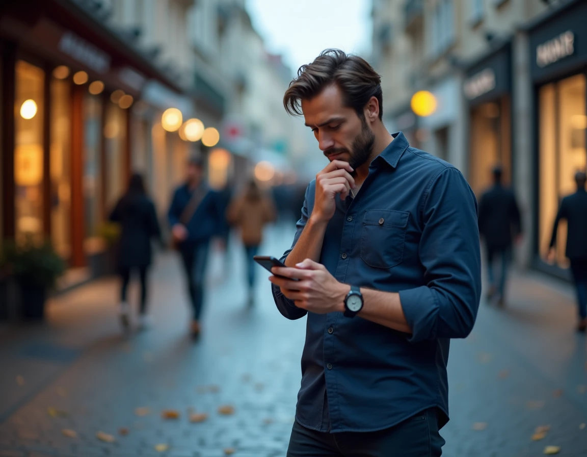Homme dans une rue urbaine observant son téléphone affichant 18h18, moment de prise de conscience lié aux heures répétitives