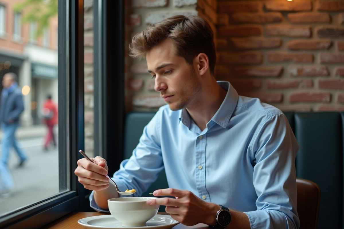 Jeune homme au café contemplant une soupe dans un décor urbain
