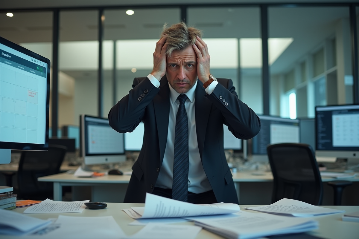 Homme stressé dans un bureau moderne en désordre
