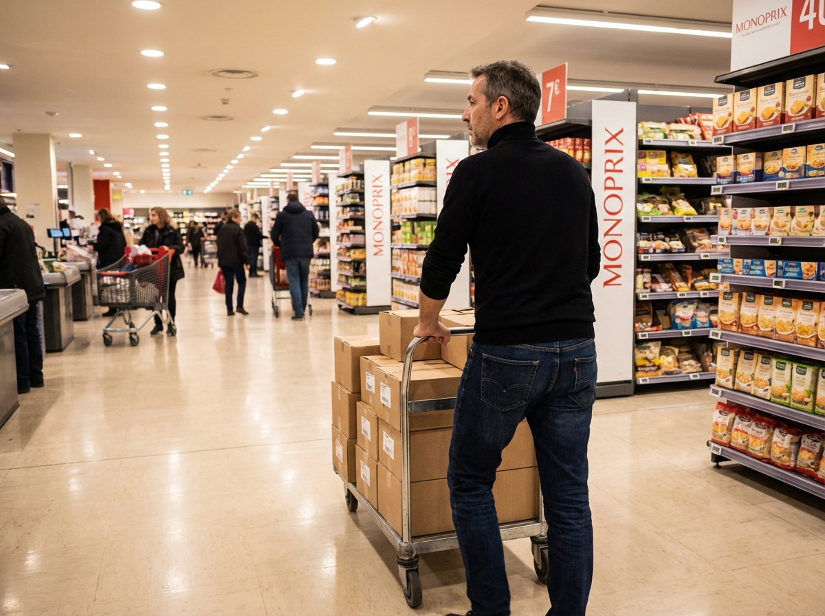 Homme poussant un chariot dans un supermarch&eacute; parisien