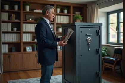 Homme d'&acirc;ge moyen pr&egrave;s d'un coffre-fort dans un bureau moderne