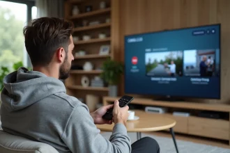 Homme en sweat gris tenant une télécommande devant un écran Canal Plus dans un salon moderne