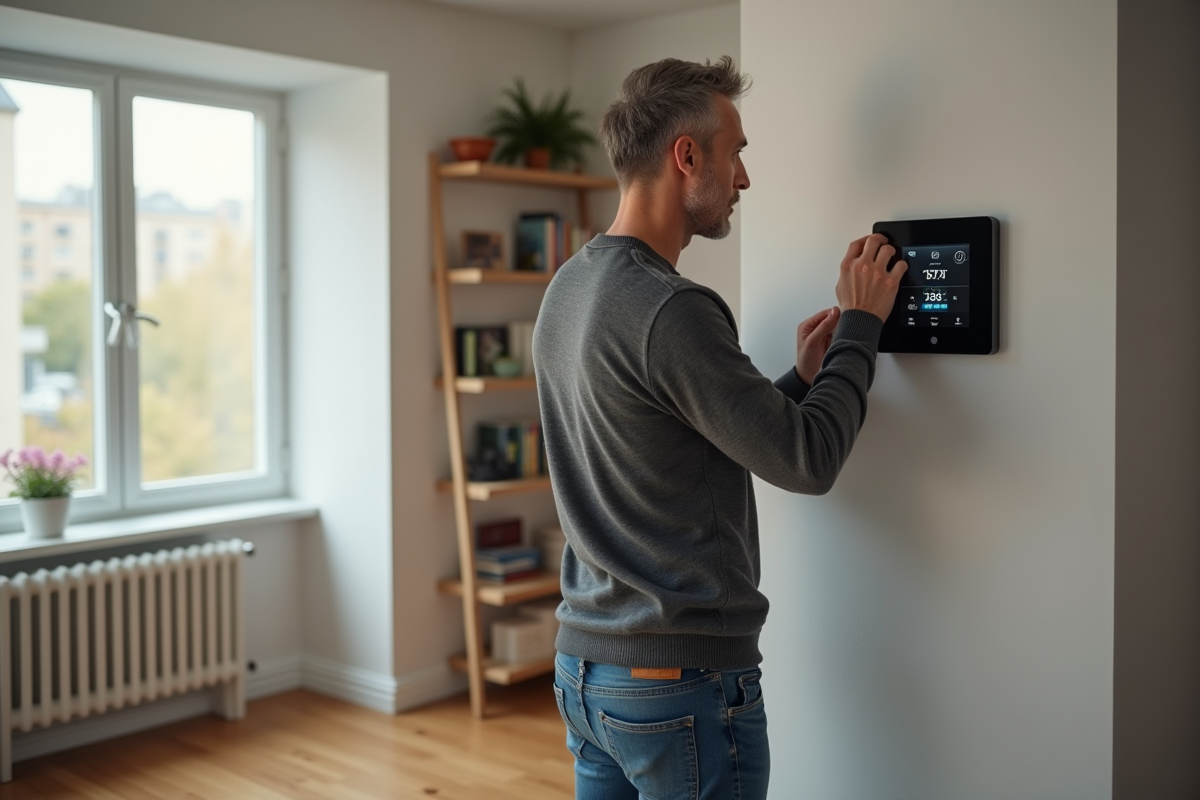 Homme examine un thermostat digital dans un salon rénové
