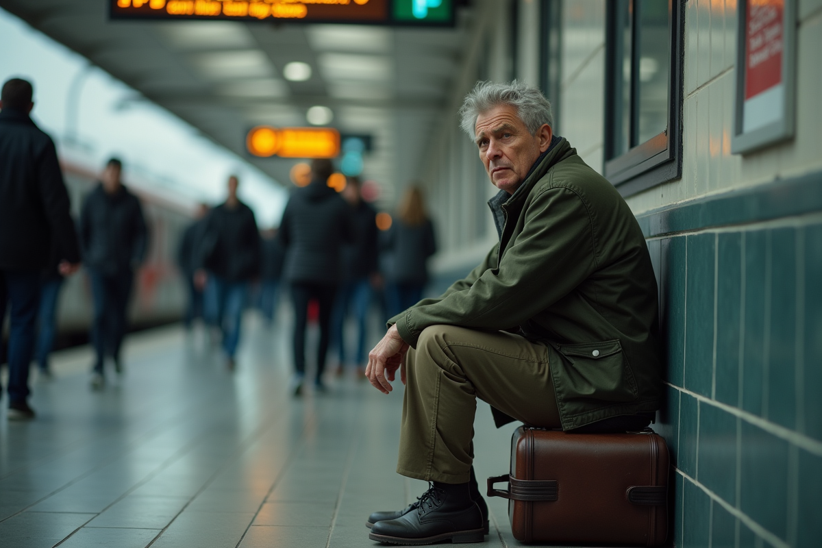 Homme d'âge moyen seul à la gare avec valise, expression pensive