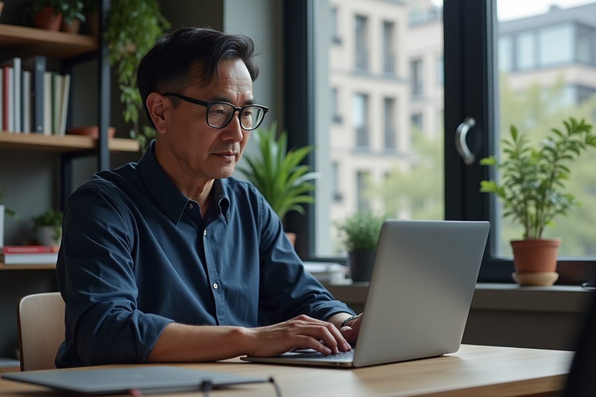 Homme d'âge moyen travaillant sur un ordinateur dans un bureau moderne