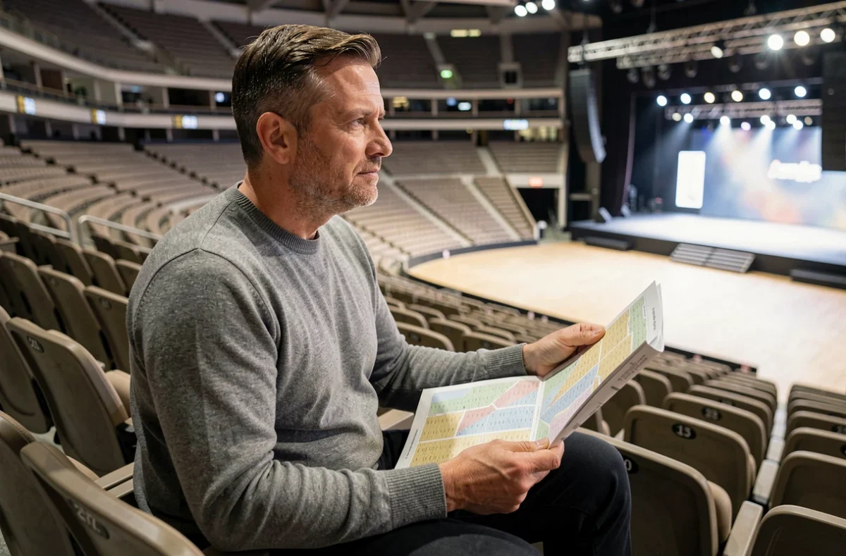 Homme en tribune haute évaluant la visibilité sur scène avec un plan de salle de concert