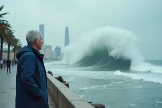 Homme en veste bleue face à un tsunami en approche
