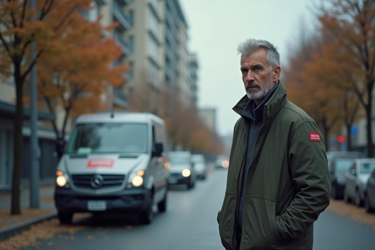 Homme d'âge moyen près d'une camionnette diesel urbaine