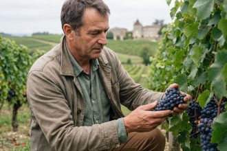 Homme français inspectant des raisins dans un vignoble de Bordeaux