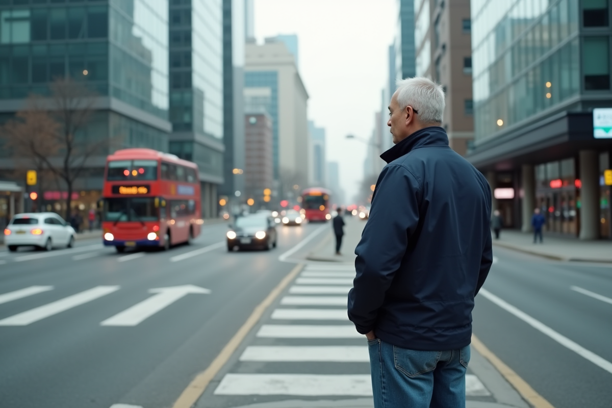 Homme d'âge moyen dans une ville animée lors de l'heure de pointe