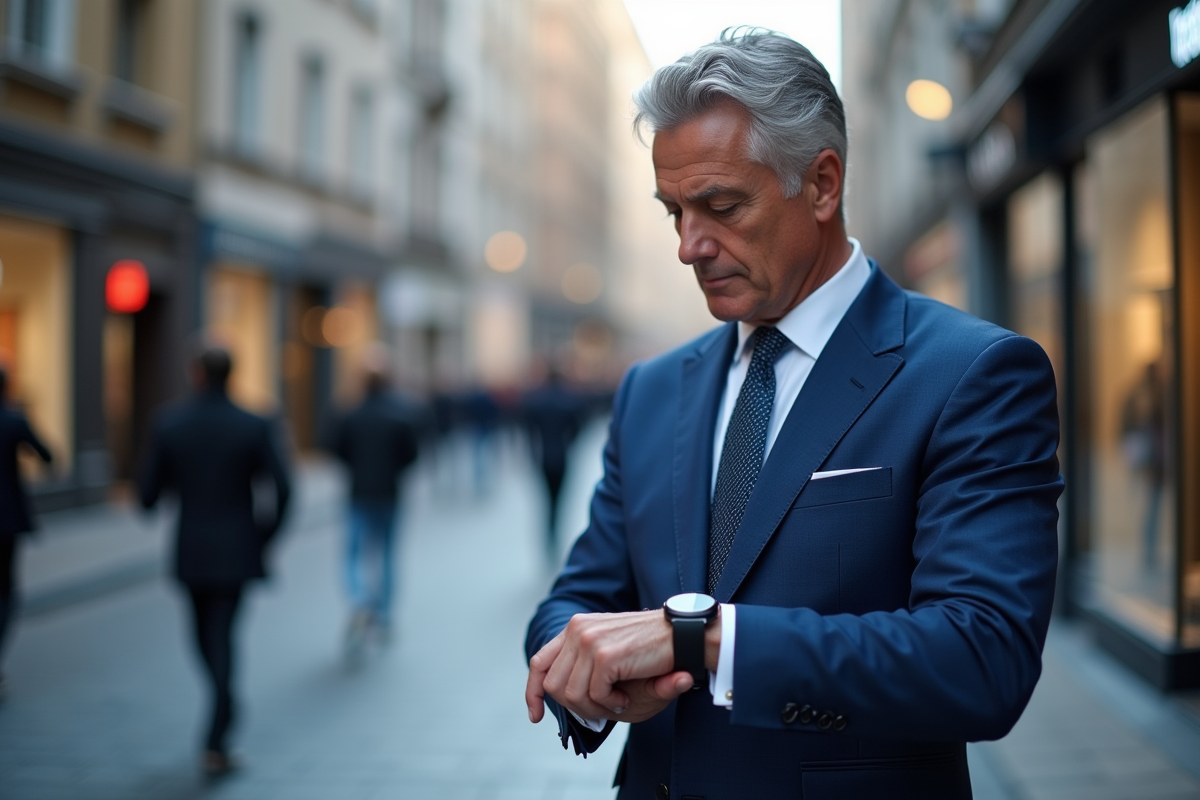 Homme en costume vérifiant sa smartwatch dans une rue animée
