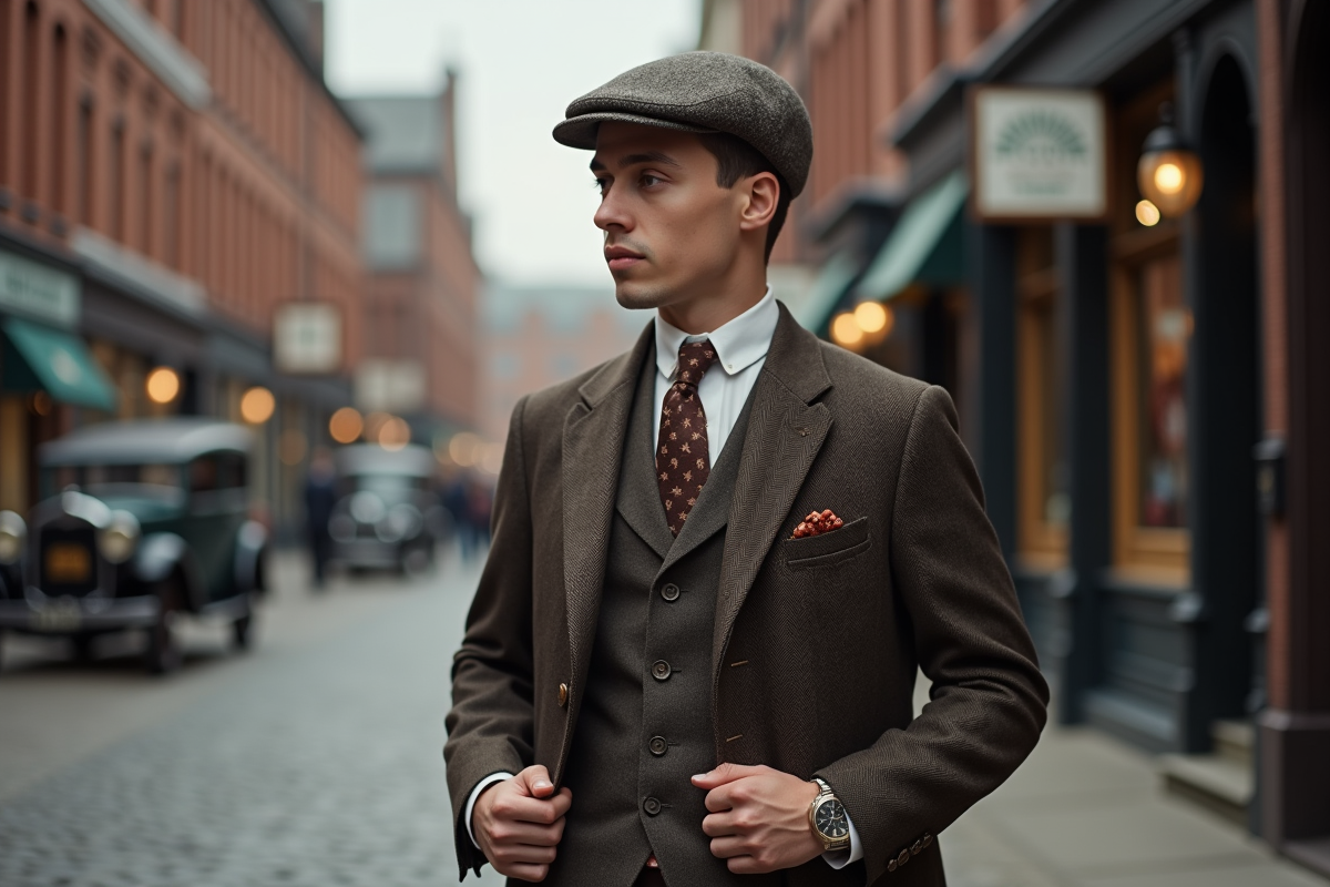 Jeune homme en costume 1920s dans une rue animée