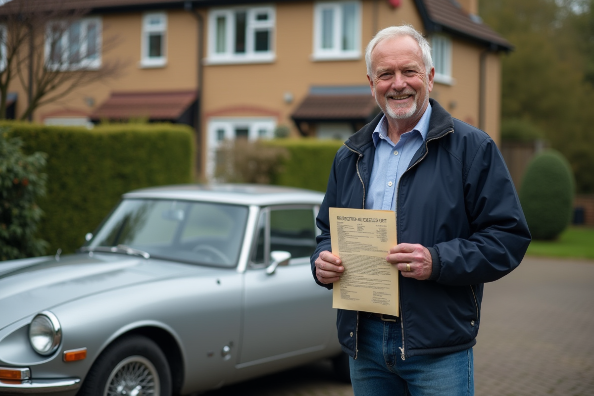 Homme d'âge moyen avec voiture ancienne et documents