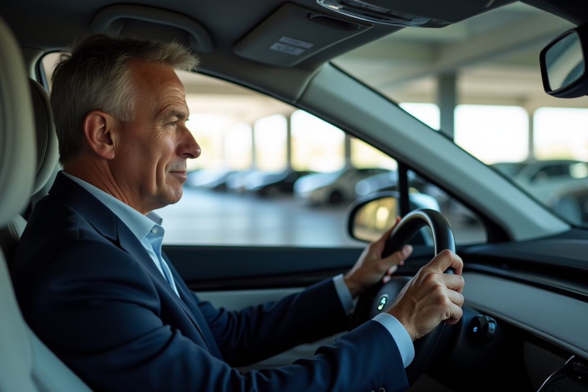 Homme d affaires dans une voiture hybride au bureau