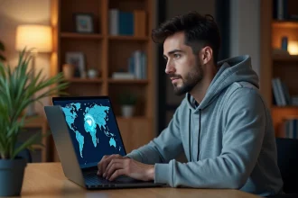 Homme utilisant un VPN sur son ordinateur portable dans un bureau à domicile moderne