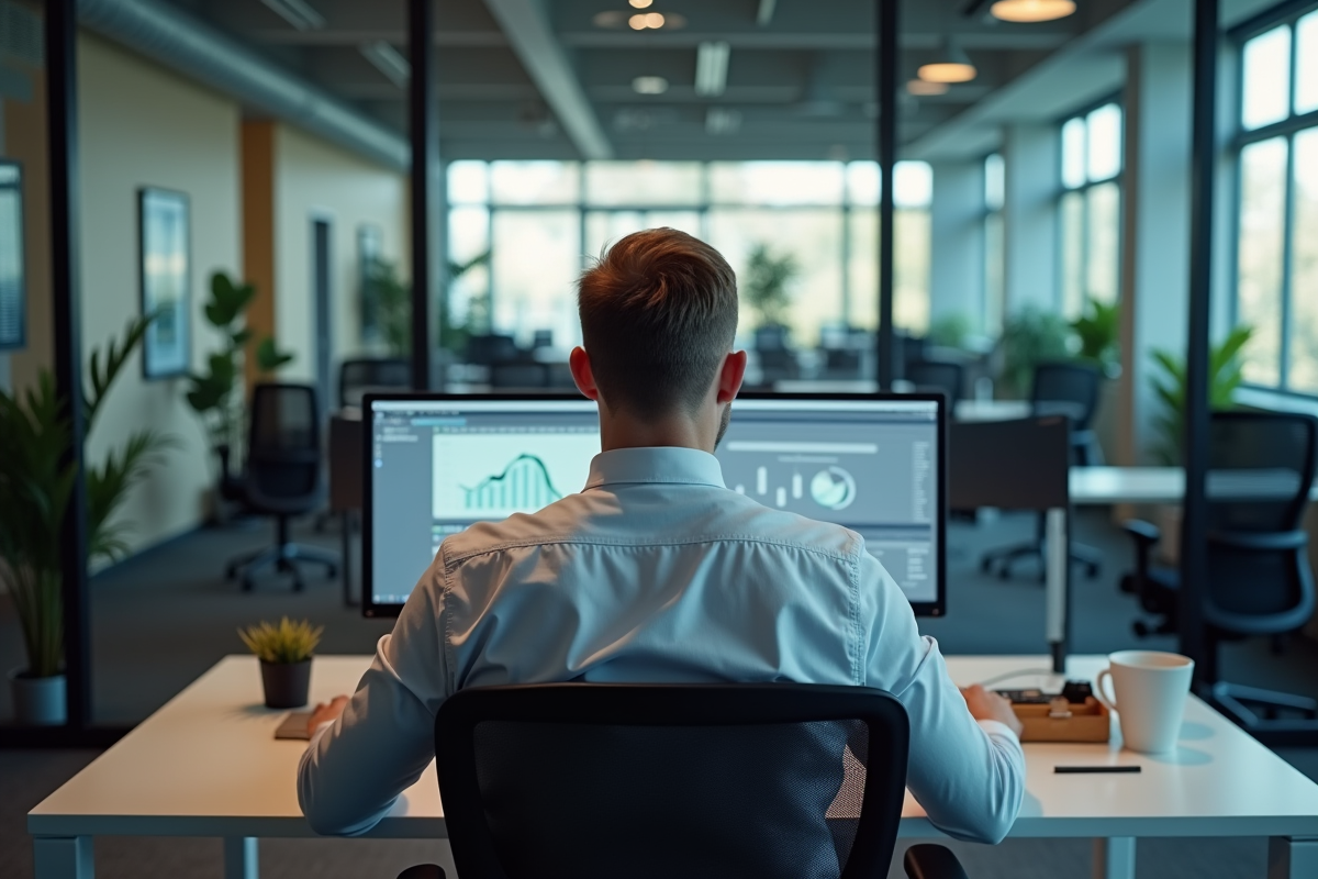 Homme d affaires au bureau avec deux écrans