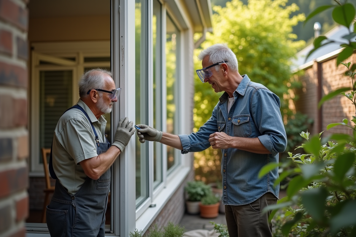 Deux hommes peignent une fenêtre dans un jardin ensoleille