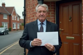 Huissier en costume sombre tenant une enveloppe officielle devant la porte d'une maison, symbolisant une signification d'acte juridique