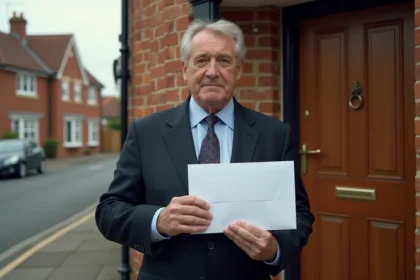 Huissier en costume sombre tenant une enveloppe officielle devant la porte d'une maison, symbolisant une signification d'acte juridique