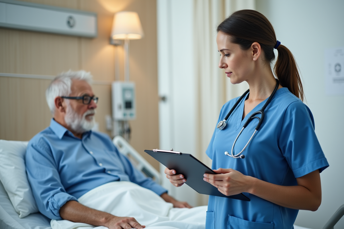 Infirmière en blouse bleue parlant avec un patient âgé