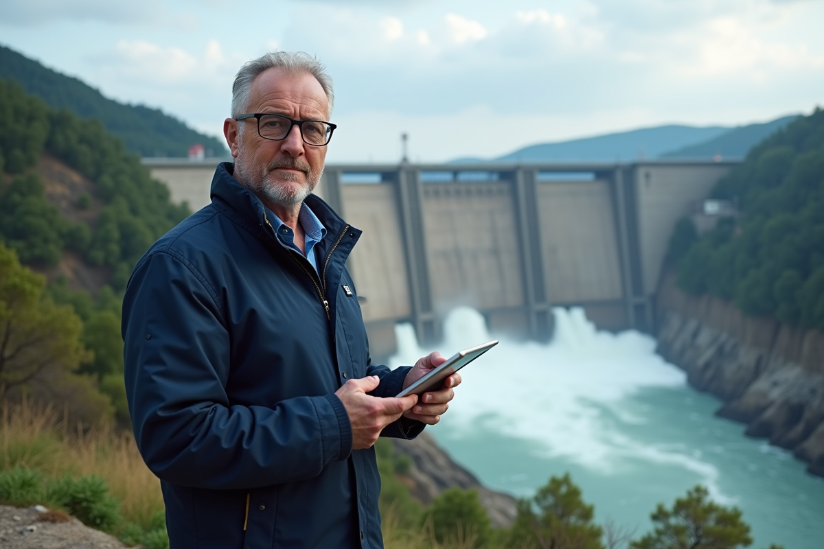 Ingénieur homme en veste de travail devant barrage hydroélectrique