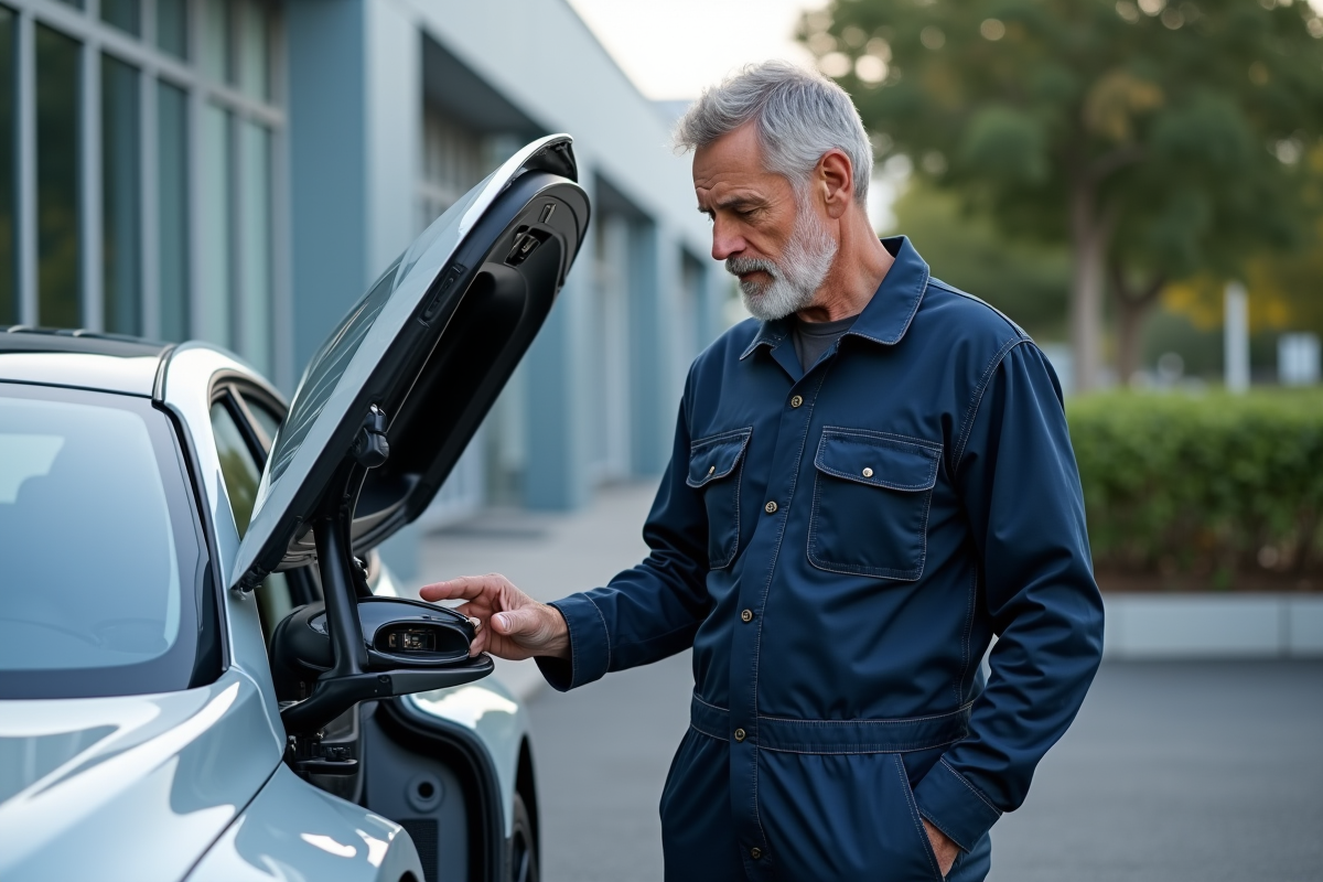 Ingénieur homme en combinaison examine une voiture à hydrogène