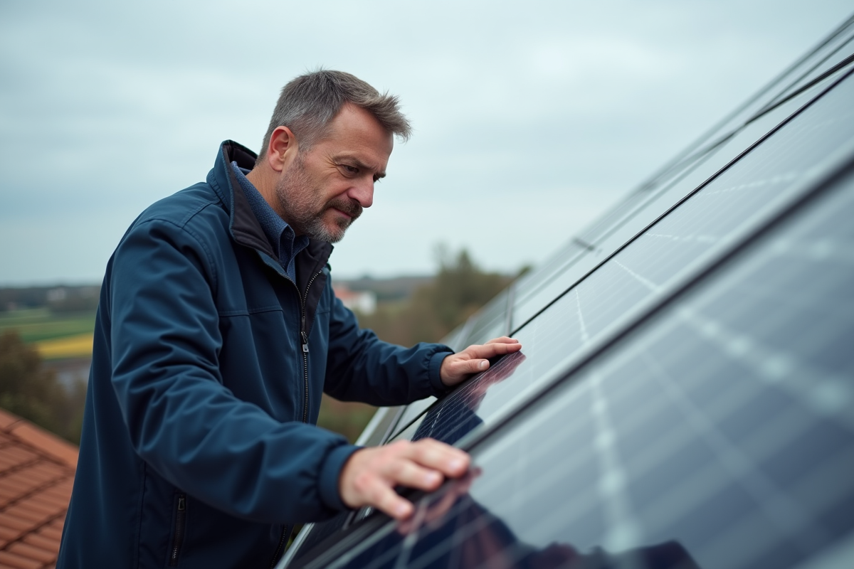 Ingénieur homme examine panneaux solaires en campagne