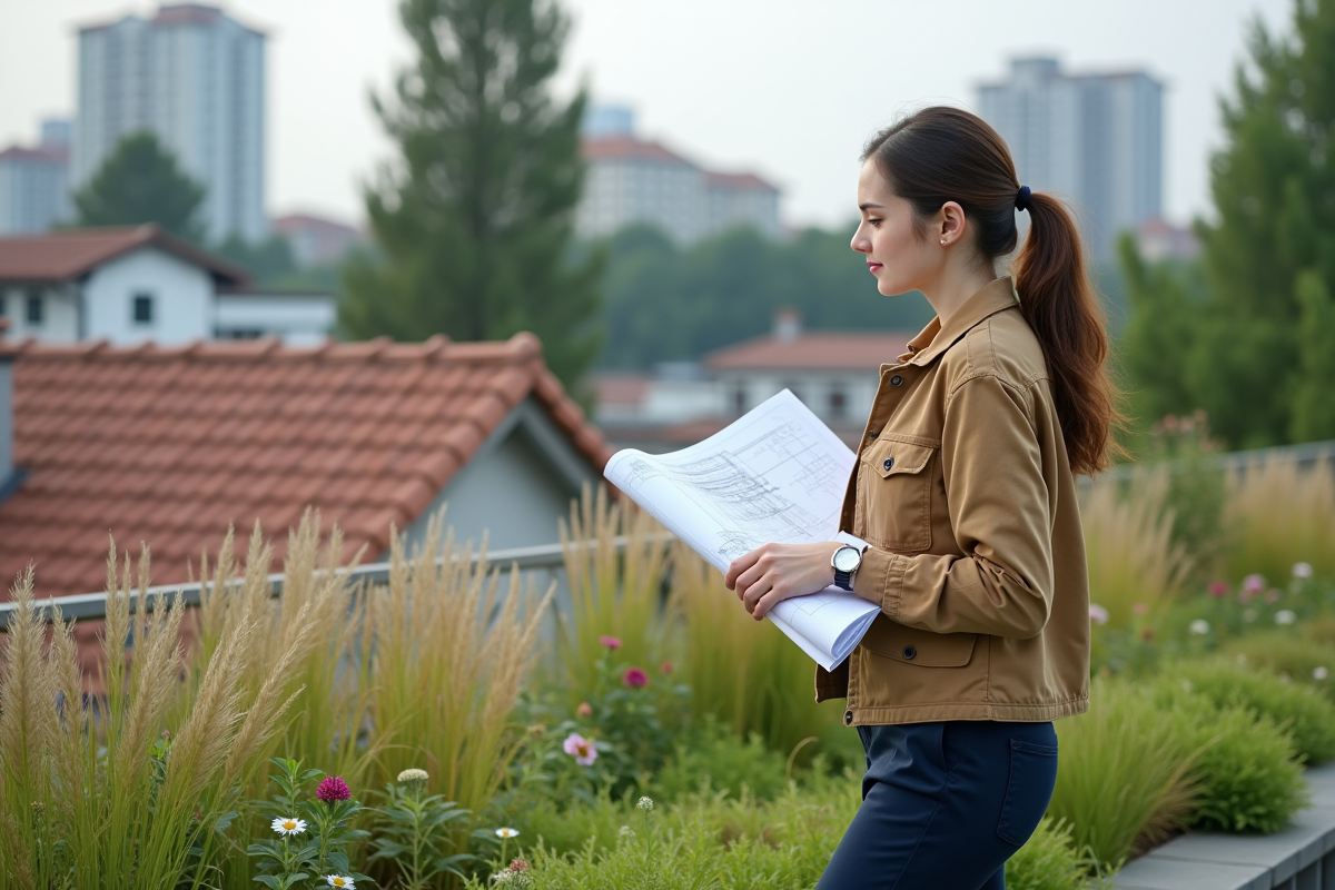 Jeune architecte observant un toit végétal urbain