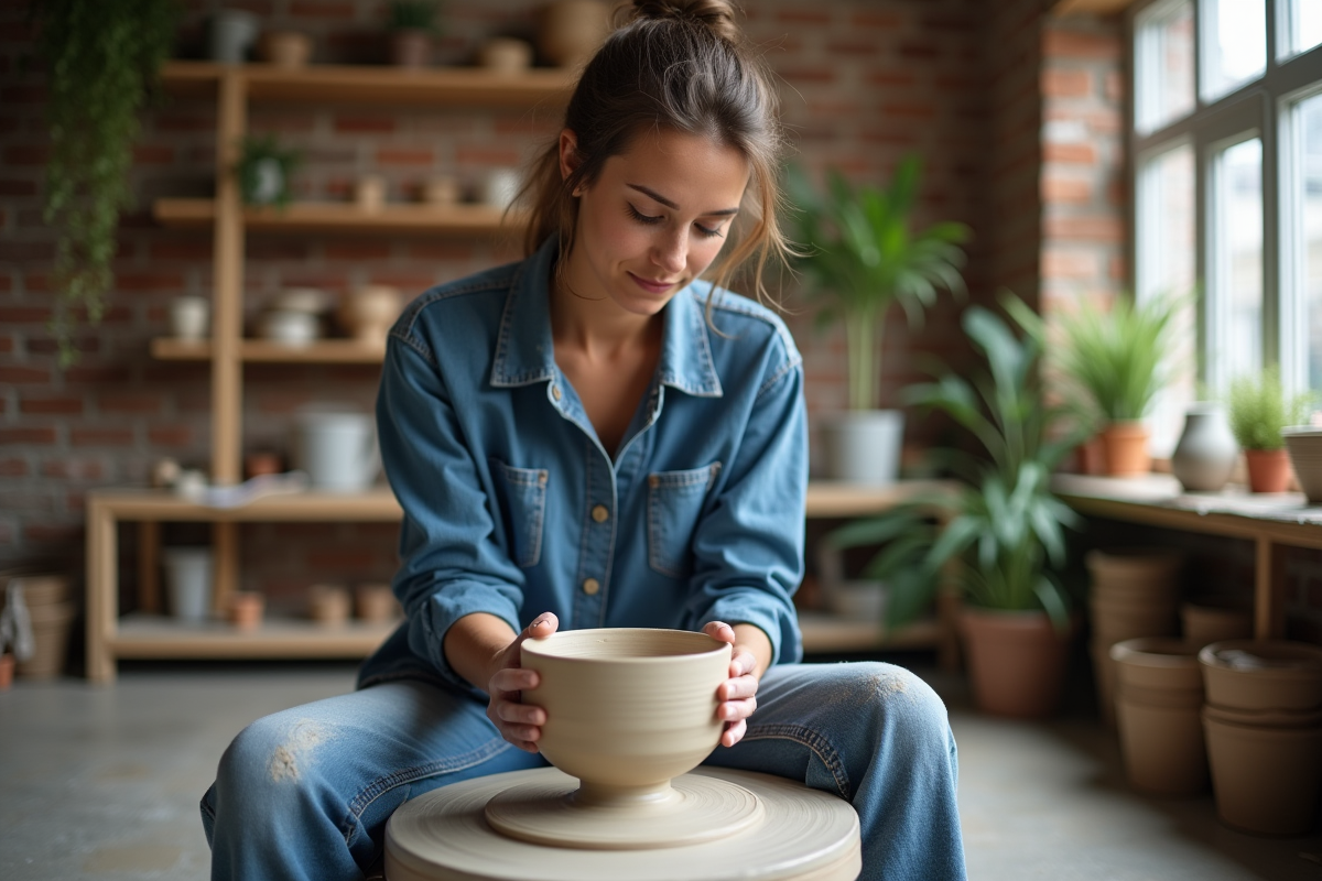 Jeune artiste céramiste inspectant une pièce en argile fraîche
