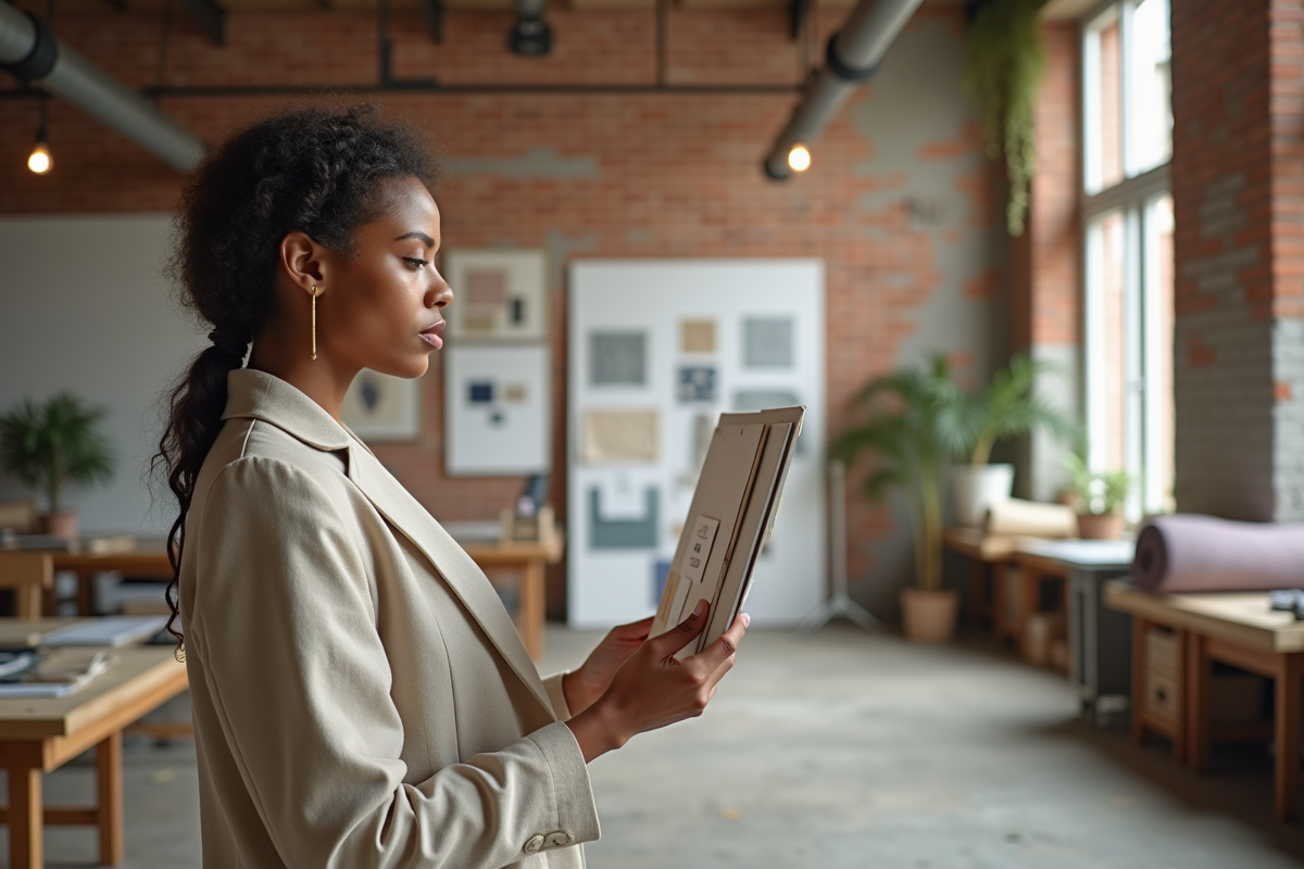 Jeune designer mode en studio avec échantillons durables