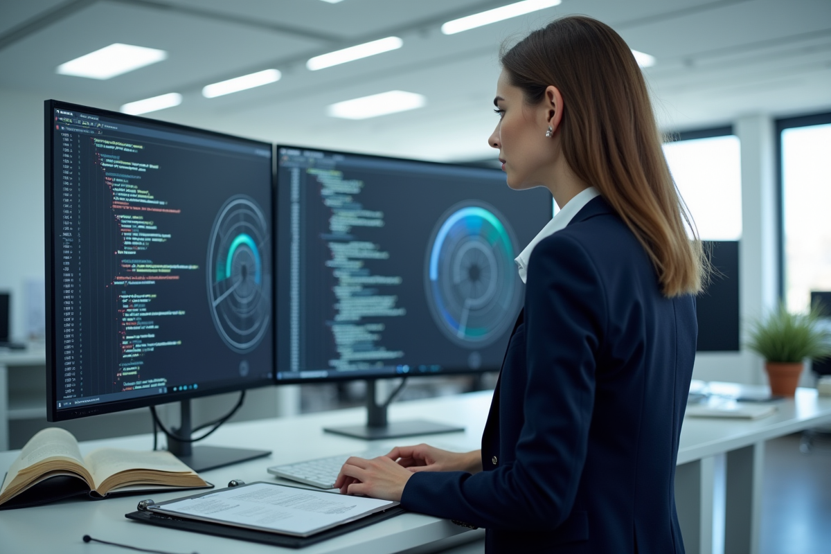 Jeune ingénieure analysant des diagrammes techniques sur un écran