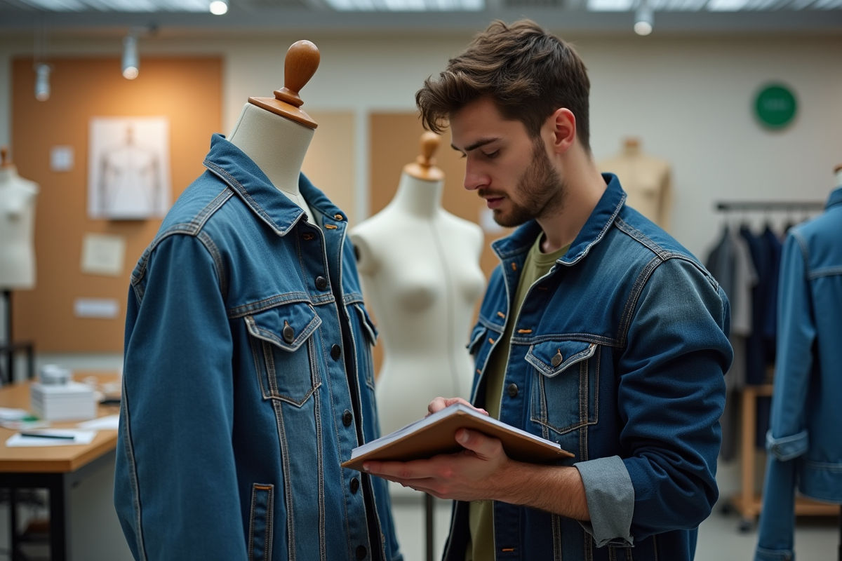 Etudiant en mode photographiant une veste en denim dans un laboratoire