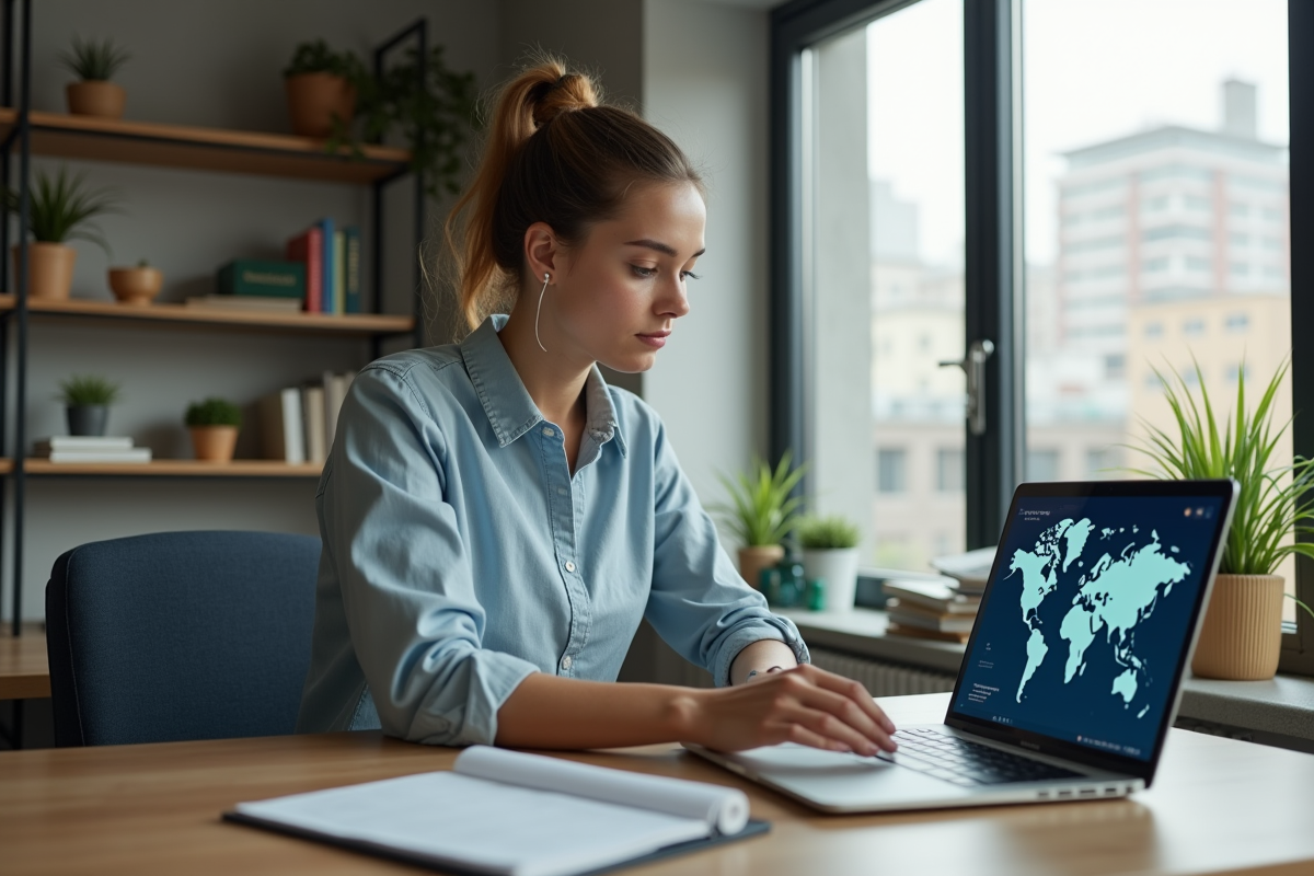 Jeune femme au bureau avec carte digitale sur laptop