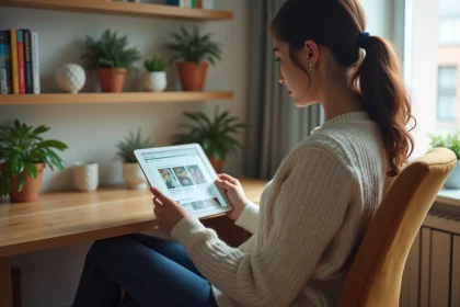 Jeune femme lisant manga sur tablette dans un appartement moderne