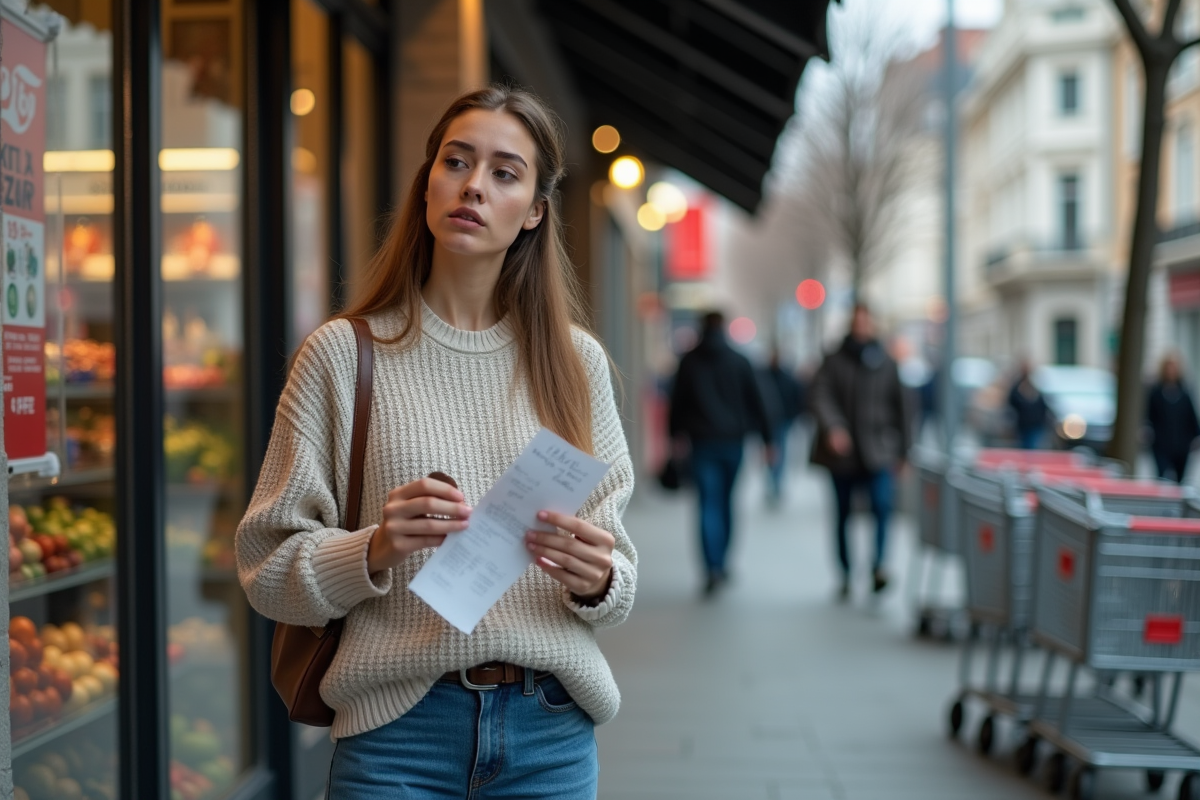 Jeune femme regardant un reçu devant un supermarché