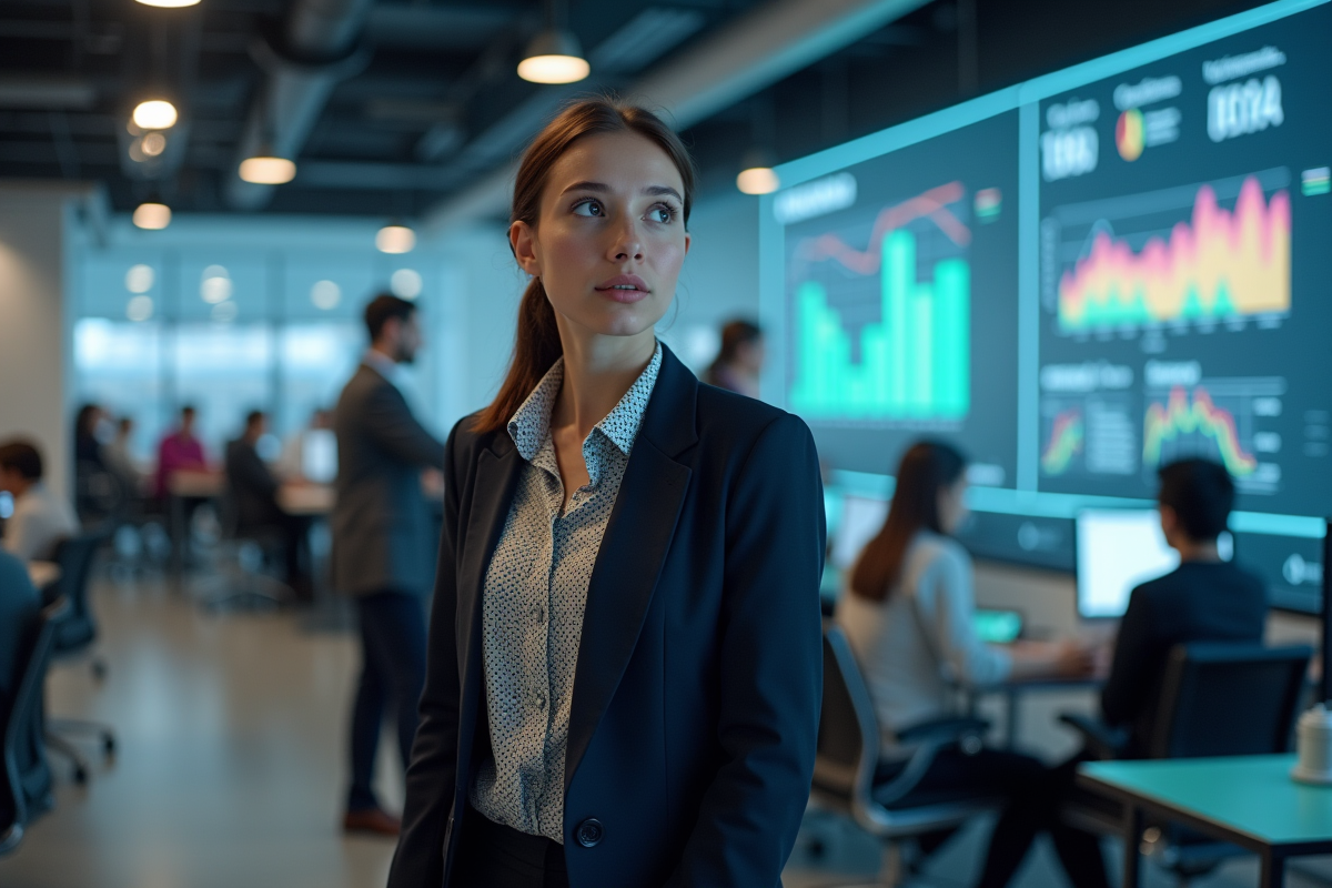 Jeune femme regardant un tableau de bord AI dans un bureau dynamique