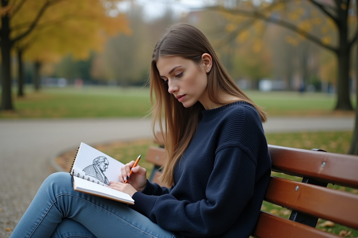 Jeune femme dessinant Kant dans un parc calme et verdoyant