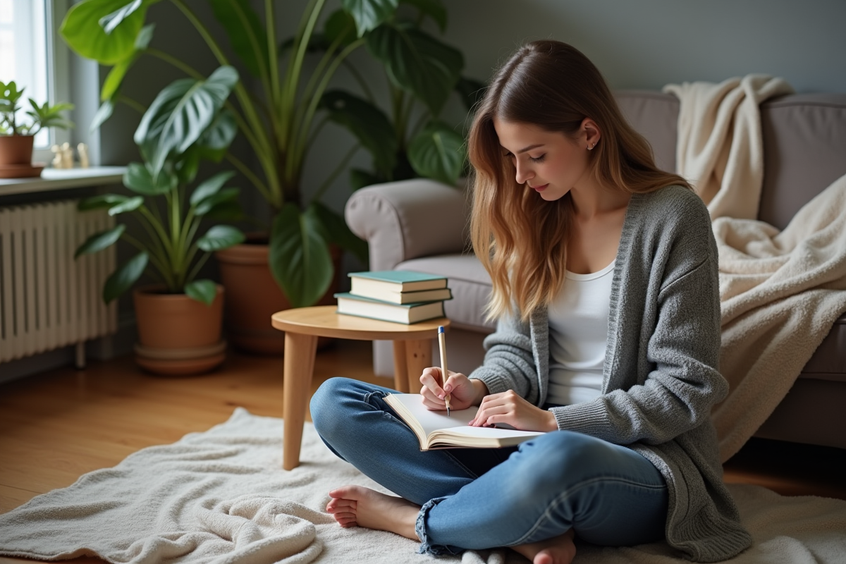 Jeune femme en cardigan gris journalisant chez elle