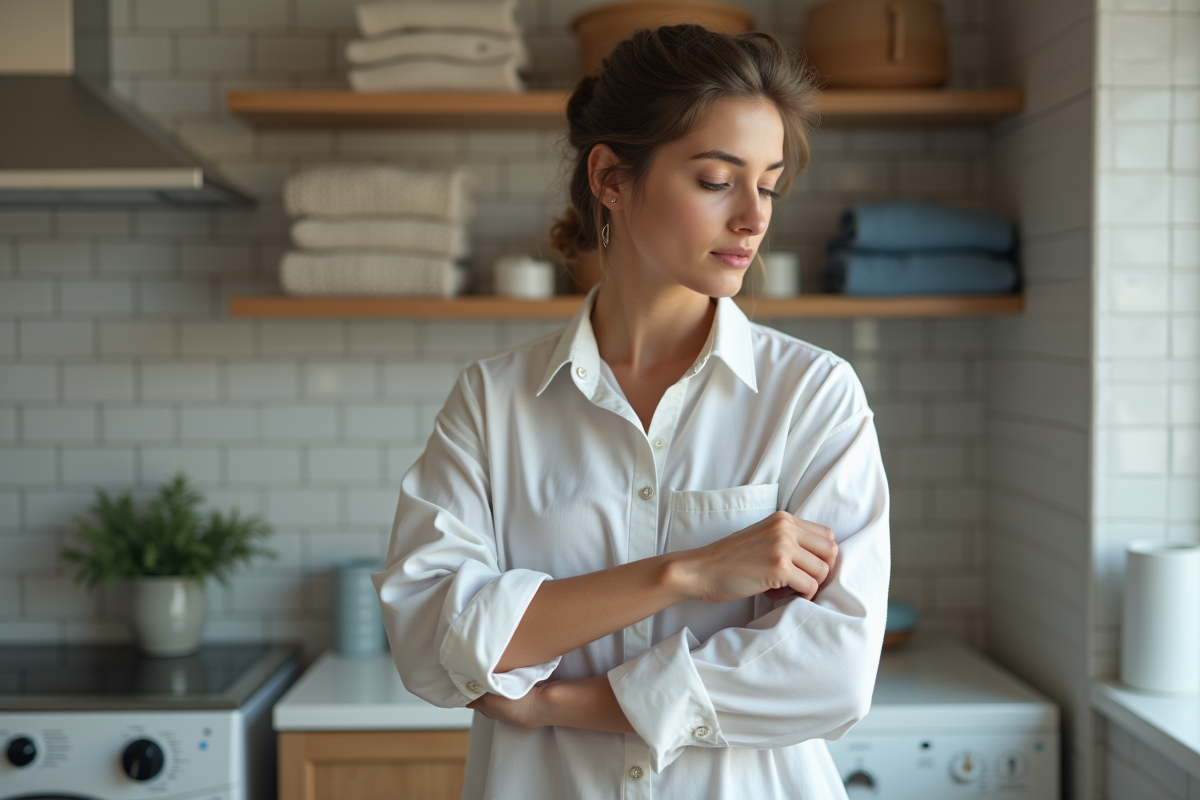 Jeune femme examinant un tissu de coton dans une buanderie