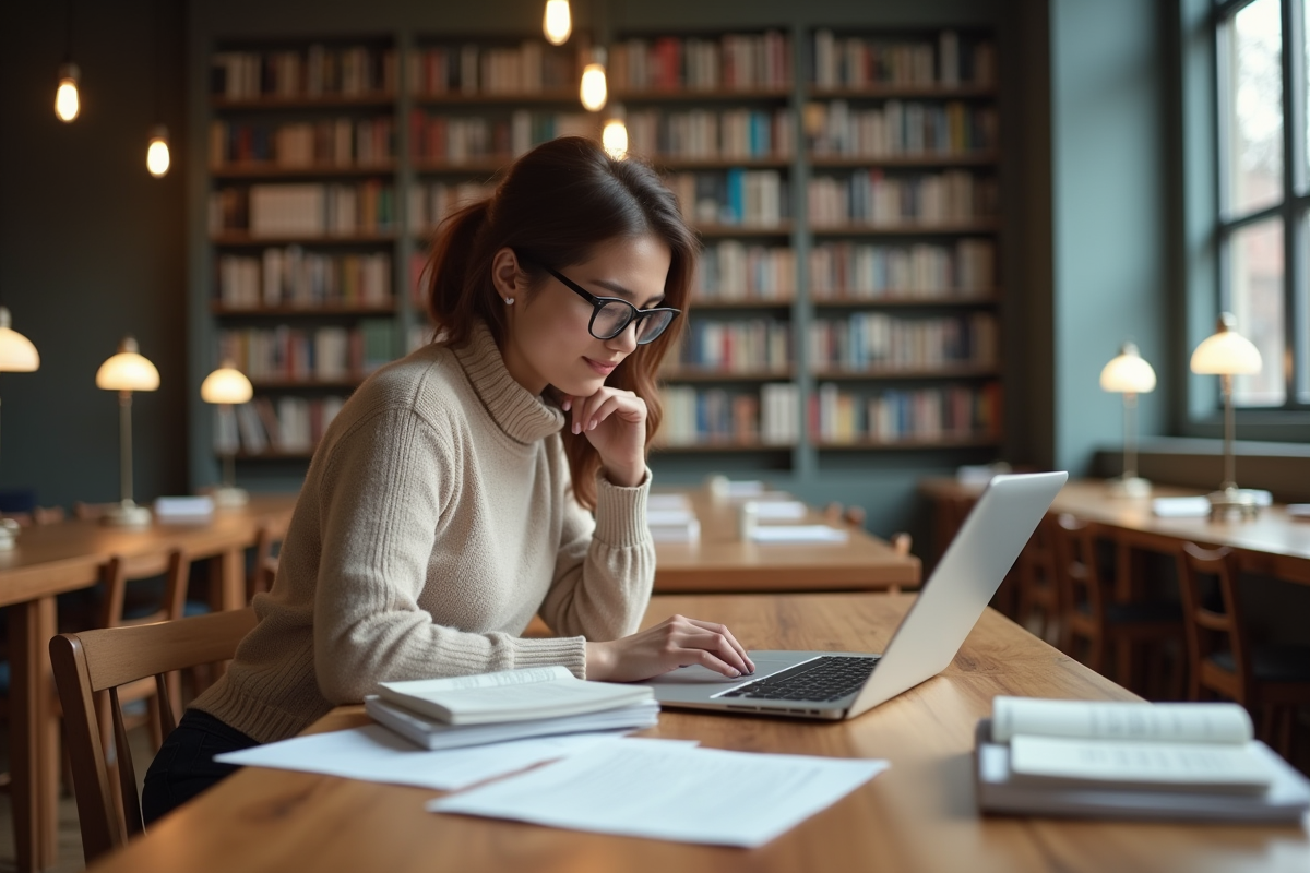 Jeune femme en sweater beige travaille sur son ordinateur