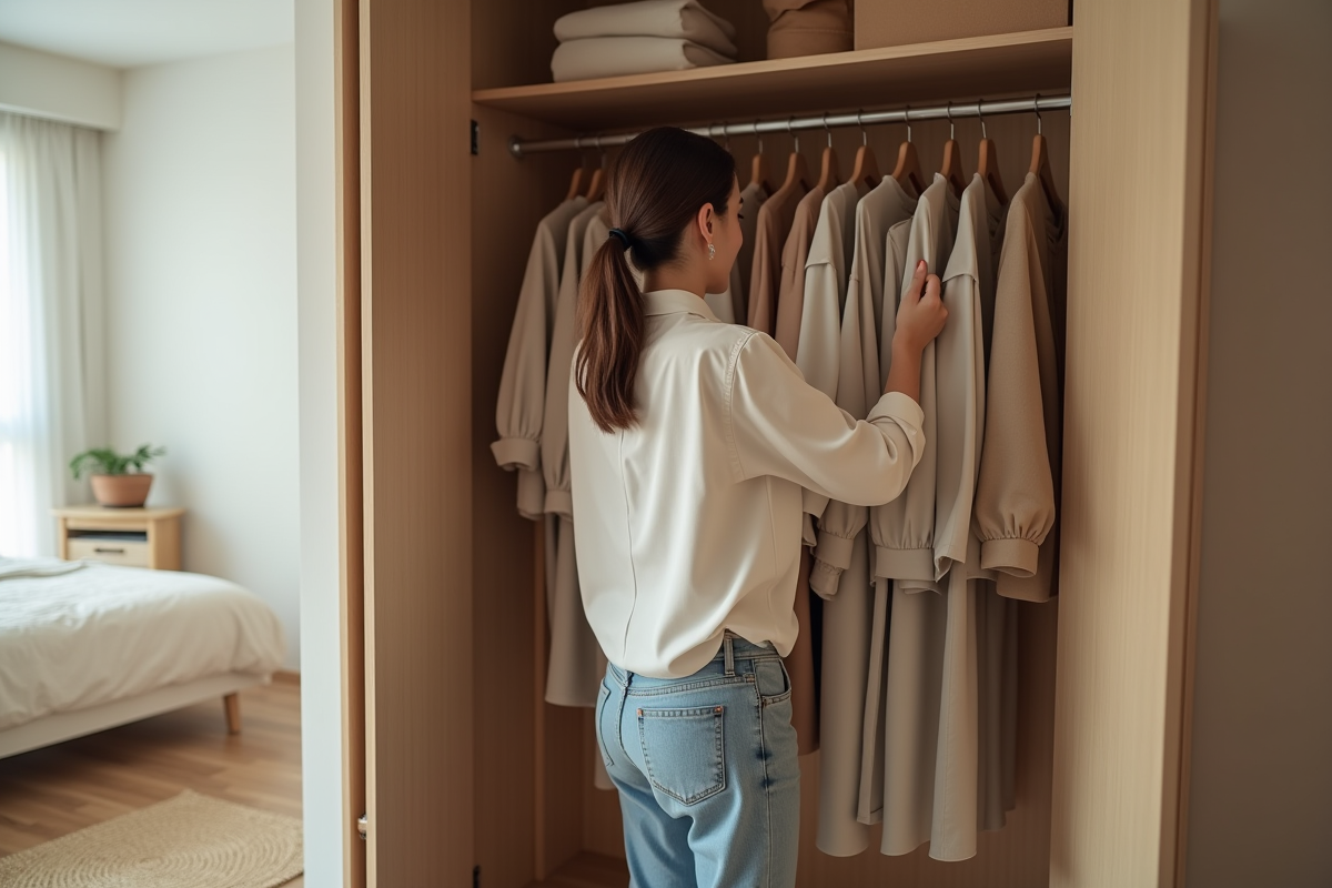 Jeune femme choisissant des vêtements dans une armoire organisée