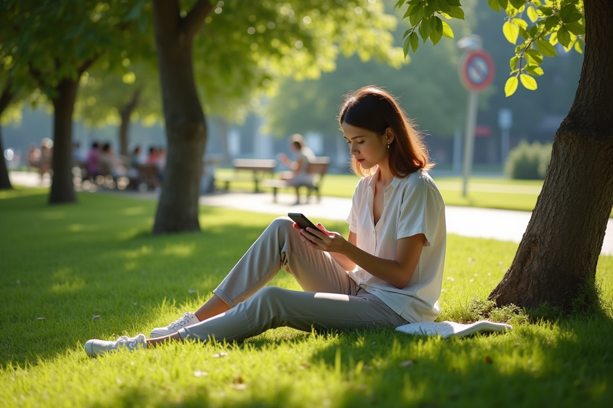 Jeune femme dans un parc avec chargeur solaire portable