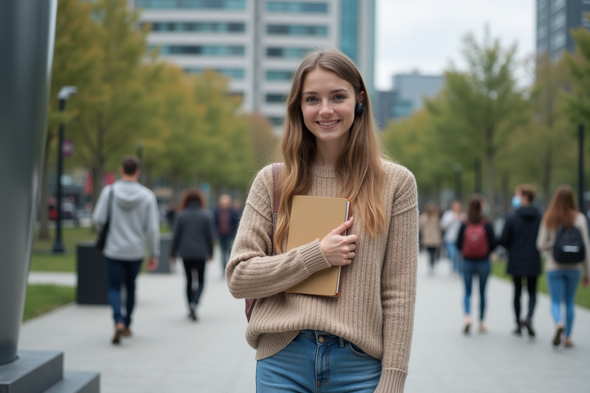 Jeune femme dans un parc urbain avec sculpture moderne et nature