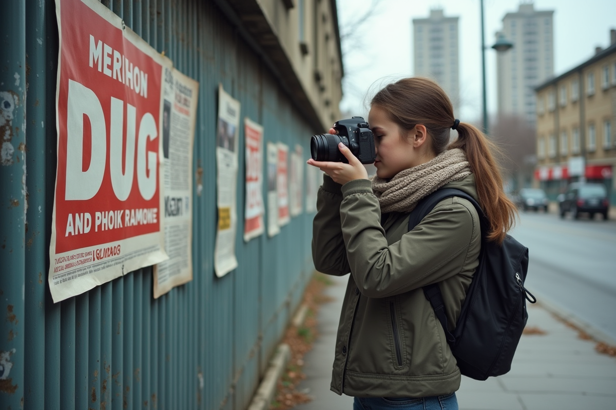 Jeune femme photographe face aux affiches de protestation