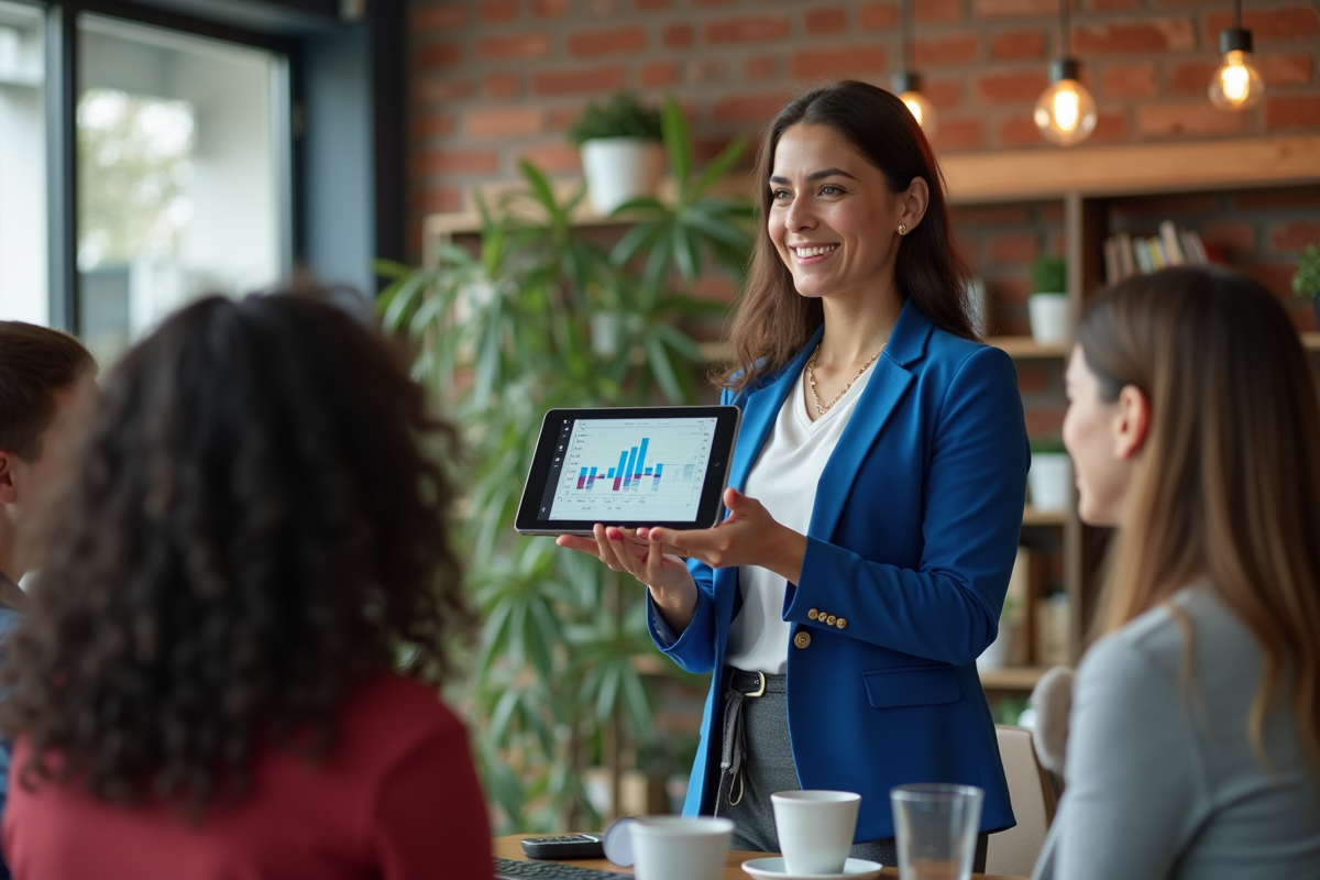 Jeune femme présentant des graphiques sur une tablette en réunion
