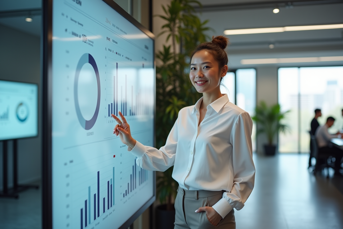Jeune femme gestionnaire devant un tableau digital dans un espace futuriste